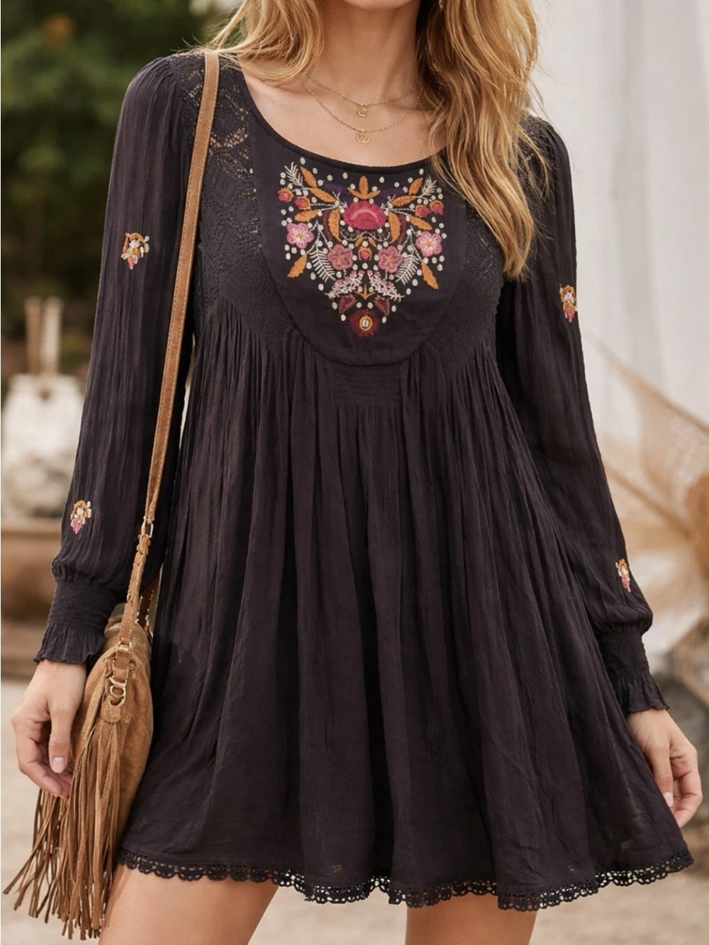 FREE PEOPLE Mohave Mini Dress Black Lg Embroidered Boho Peasant Festival - flaw
